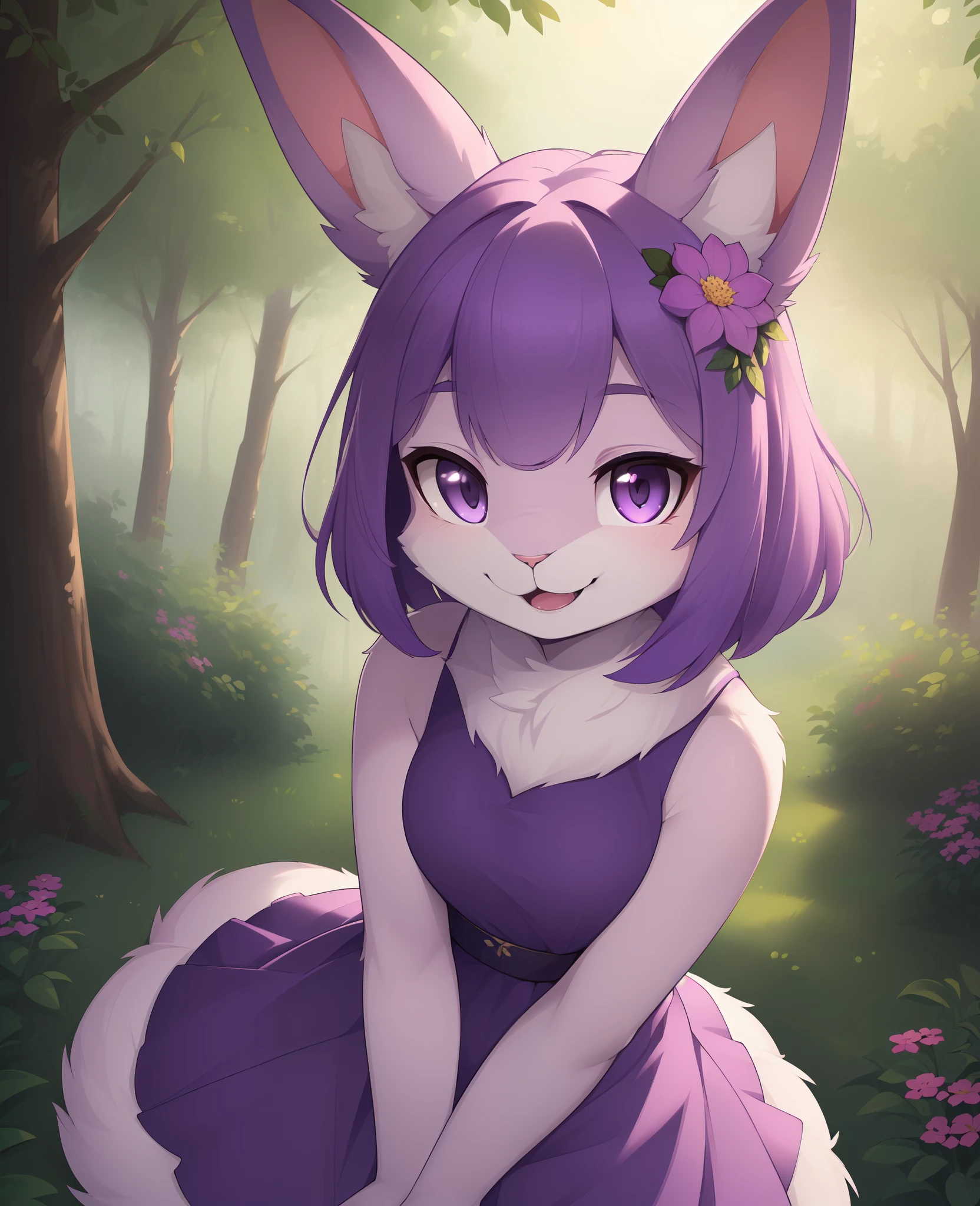 (best quality, highest quality, inticate, highres, 8k, anthropomorphic, furry, uploaded_on_e621:1.4), cute rabbit furry girl,furry female,rabbit ears,purple hair, purple dress,sleeveless, purple skin,in forest,looking at viewer,smile,closed mouth,flowers,slightly above,
