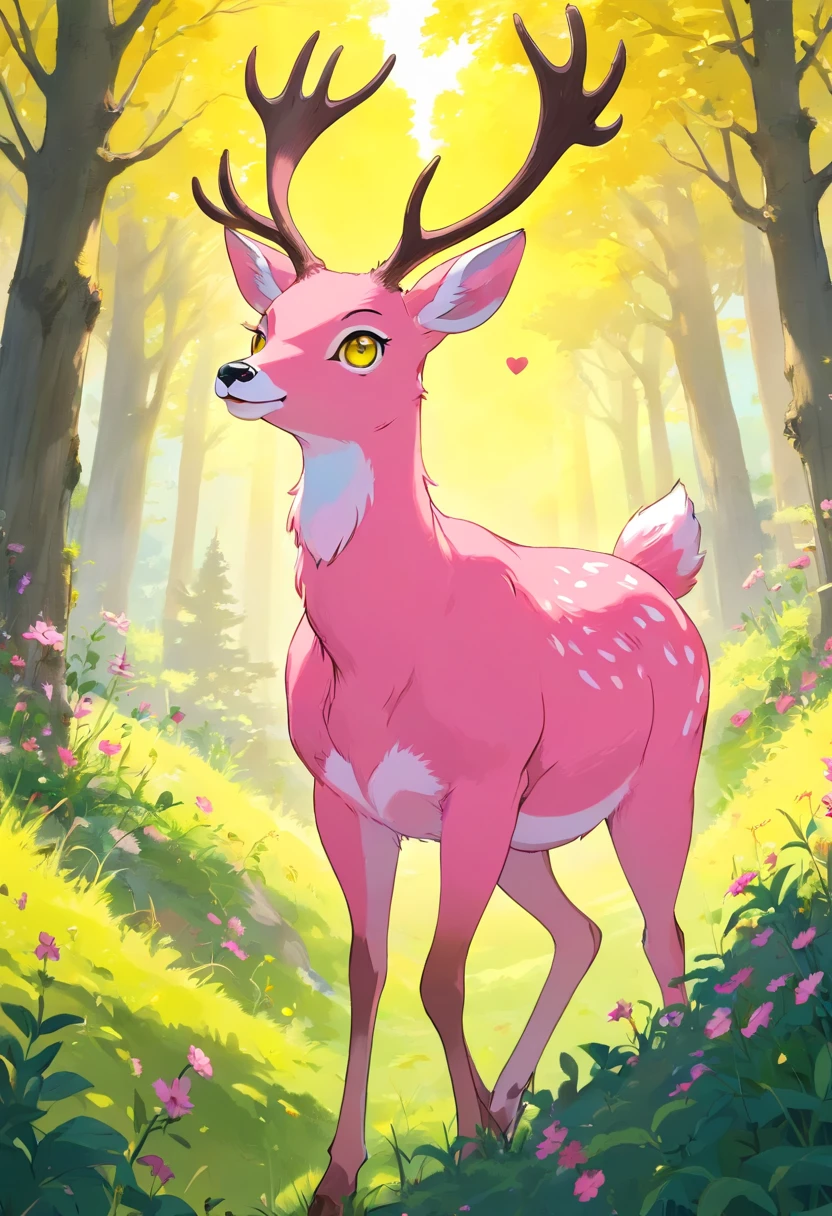 a detailed anime drawing of a large adult ((pink)) deer with ((bright yellow eyes)) that gives off a aura of grace with large heart-shaped antlers dashing through a meadow by itself