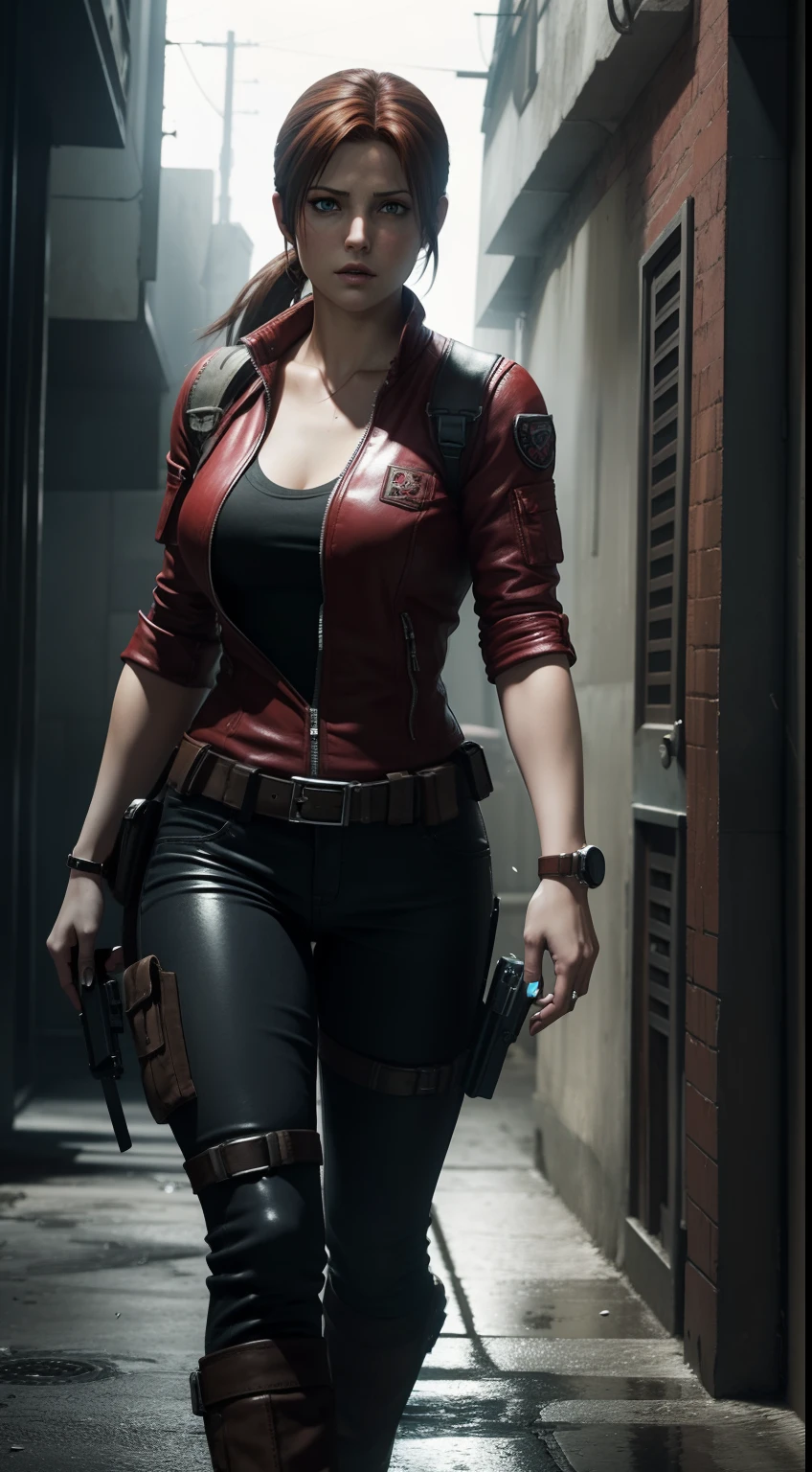 A woman in a red jacket and black pants holding a gun - SeaArt AI