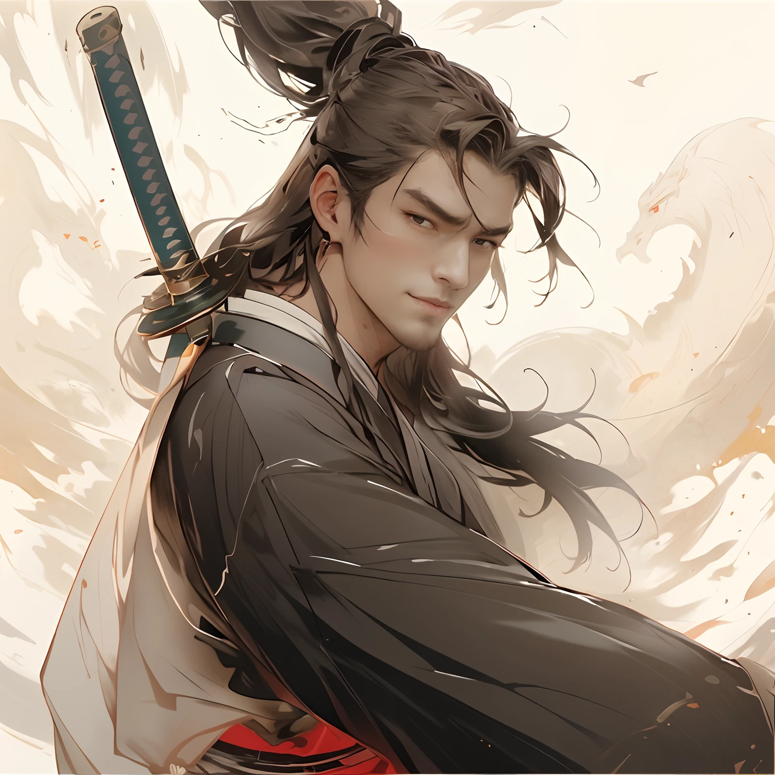 Close-up of a man holding a sword in his hand, handsome guy in demon killer art, Inspired by Seki Dosheng, zhao yun, Anime handsome man, by Yang J, full-body wuxia, shikanosuke yagaki, taisho roma, swordsman, sengoku - era art style, Inspired by Zhao Yuan