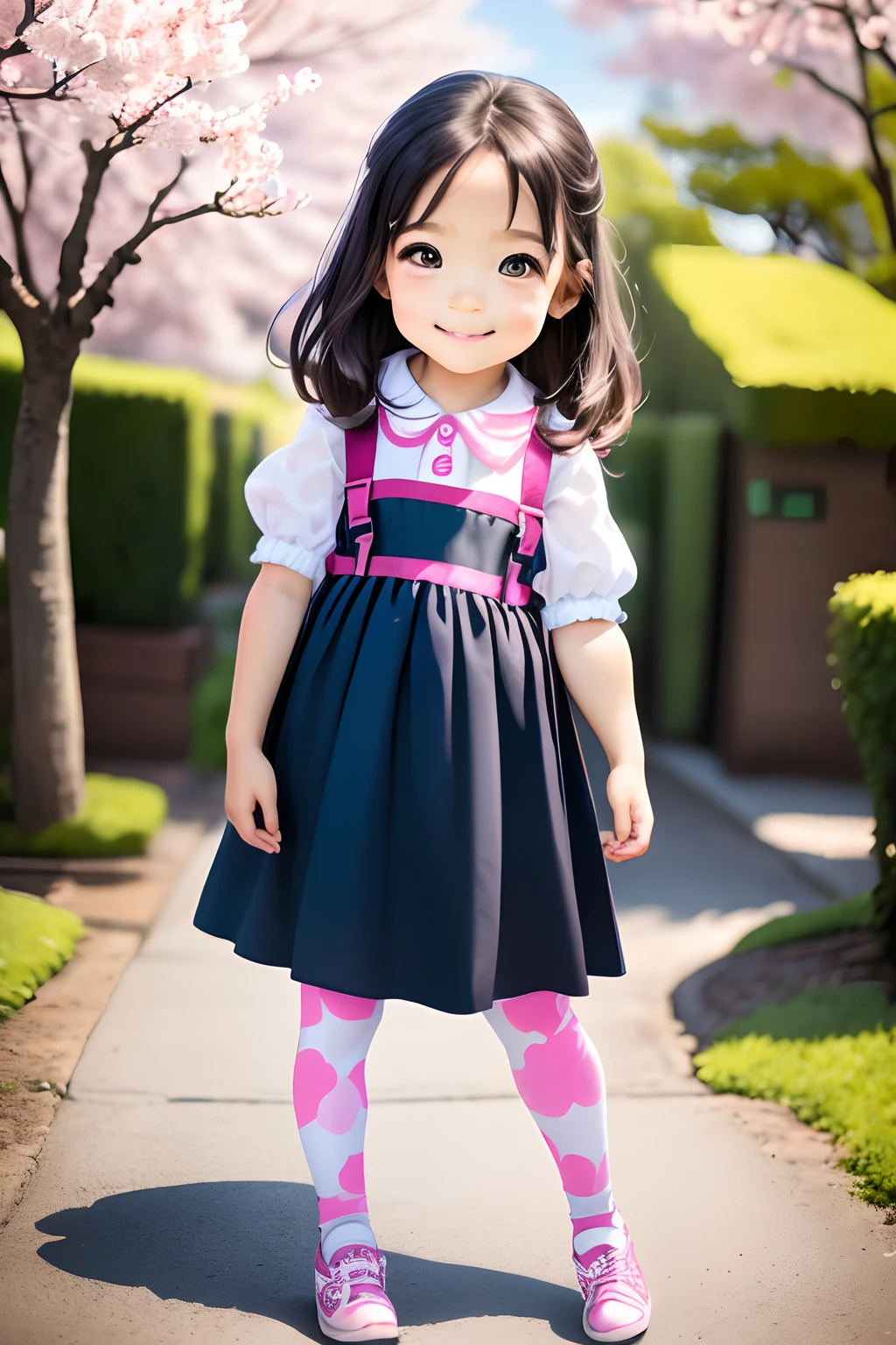 In the midst of picturesque landscapes, 3-year-old girl standing under a blooming cherry blossom tree. Delicate petals fell gently beside her, creating a whimsical atmosphere. Her face radiated pure joy, She raised her little hand high, Immerse yourself in the beauty of the moment. Be captivated by the stunning surroundings, She can't wait to pose for a photo, Cherish memories. Despite her  stature, Her diminutive figure is adorned with children's shoes and heels and cute patterned leggings, Add a touch of playfulness to her ensemble. When she stands in the splendor of nature, The little girl's innocent joy and carefree spirit shine through, Create a welcoming scene，Capture the essence of childhood joy.