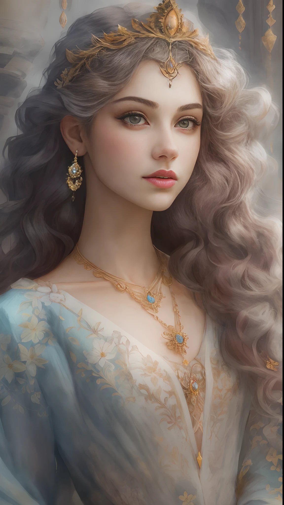 (Best quality, 4K, 8K, A high resolution, Masterpiece:1.2), Ultra-detailed, Realistic portrait of the upper body of an 18 year old aristocratic girl, Exquisite facial features，Clear and shiny eyes，Long curly hair details expressed, The posture is leisurely and natural，Graceful posture, The golden ratio of the head and body，Dreamy atmosphere, expressive brush strokes, mystical ambiance, Artistic interpretation,Delicately coiled hair，Floral crystal diamond jewelry，extreme hight detail，Exquisite details，Fresh aesthetics，Stunning intricate costumes, Fantasy illustration, Subtle colors and tones, mystical aura,The details have been upgraded