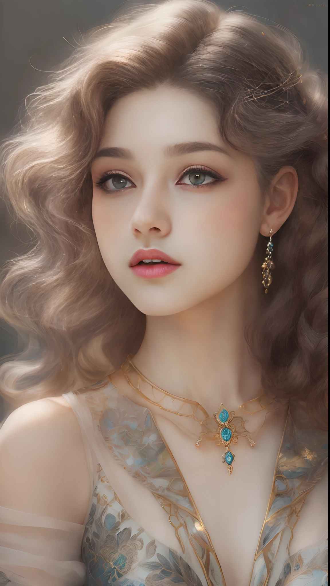 (Best quality, 4K, 8K, A high resolution, Masterpiece:1.2), Ultra-detailed, Realistic portrait of the upper body of an 18 year old aristocratic girl, Exquisite facial features，Clear and shiny eyes，Long curly hair details expressed, The posture is leisurely and natural，Graceful posture, The golden ratio of the head and body，Dreamy atmosphere, expressive brush strokes, mystical ambiance, Artistic interpretation,Delicately coiled hair，Floral filigree crystal diamond jewelry，Ultra ultra detail，Fresh and ultimate aesthetics，Stunning intricate costumes, Fantasy illustration, Subtle colors and tones, mystical aura,The details have been upgraded