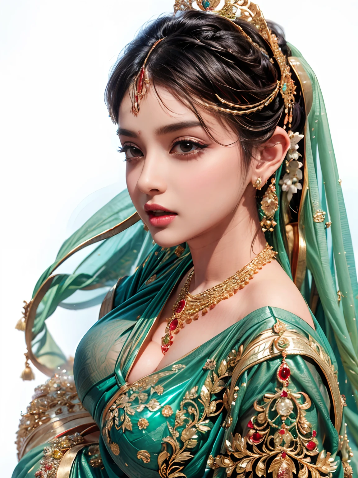 1girl,India girl,wearing saree, wearing earrings,big ,earring piercing in the nose,black hair,hyper realistic, ultra detail, high res,