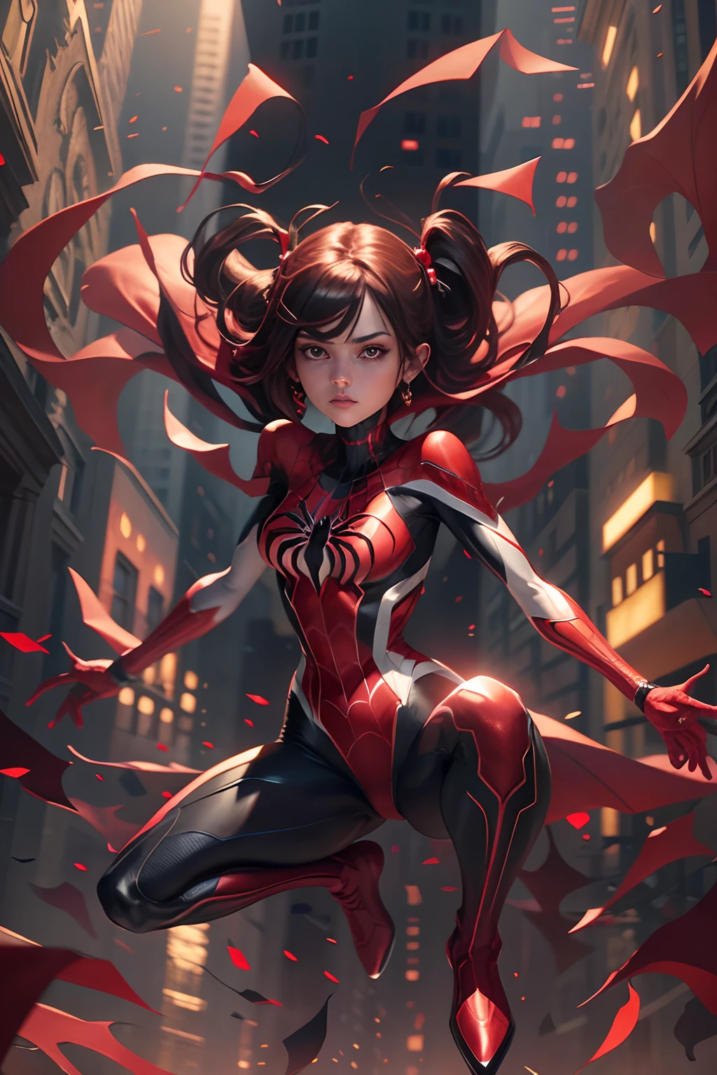 skinny spider girl superhero, red and white suit, Rendered in stunning 