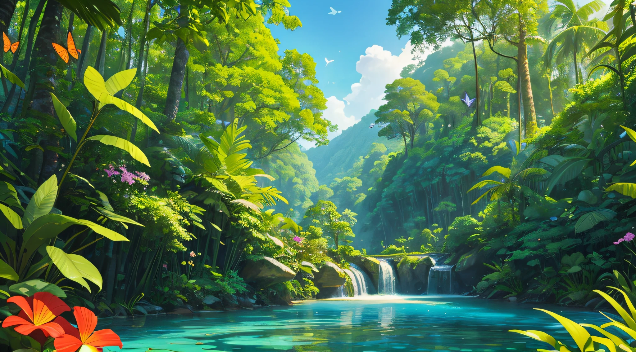 cenário de floresta tropical de tirar o fôlego, com árvores altas, pássaros, borboletas, flores e um riacho calmo sob o céu azul.