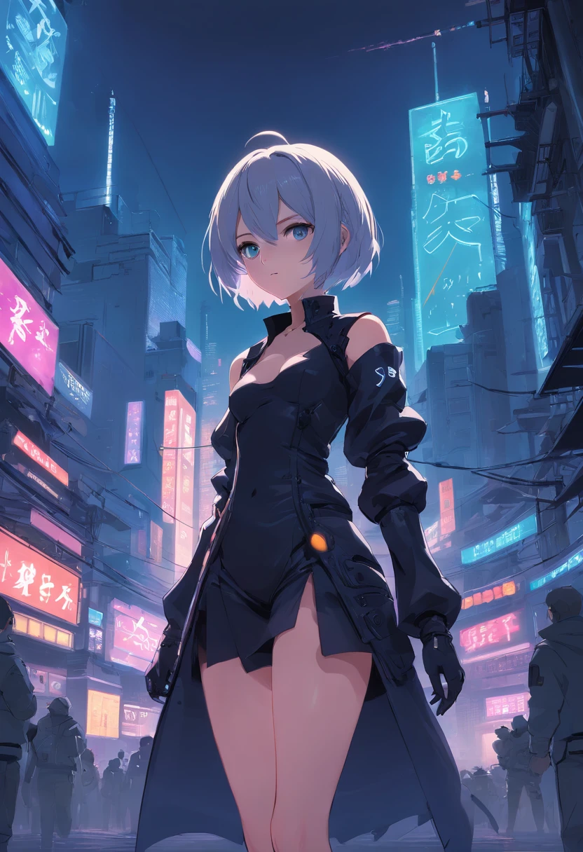 A woman in a black dress standing in a city at night - SeaArt AI