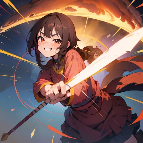 highly detailed, masterpiece, anime style, megumin from konosuba casting massive magical explosion, big happy grin