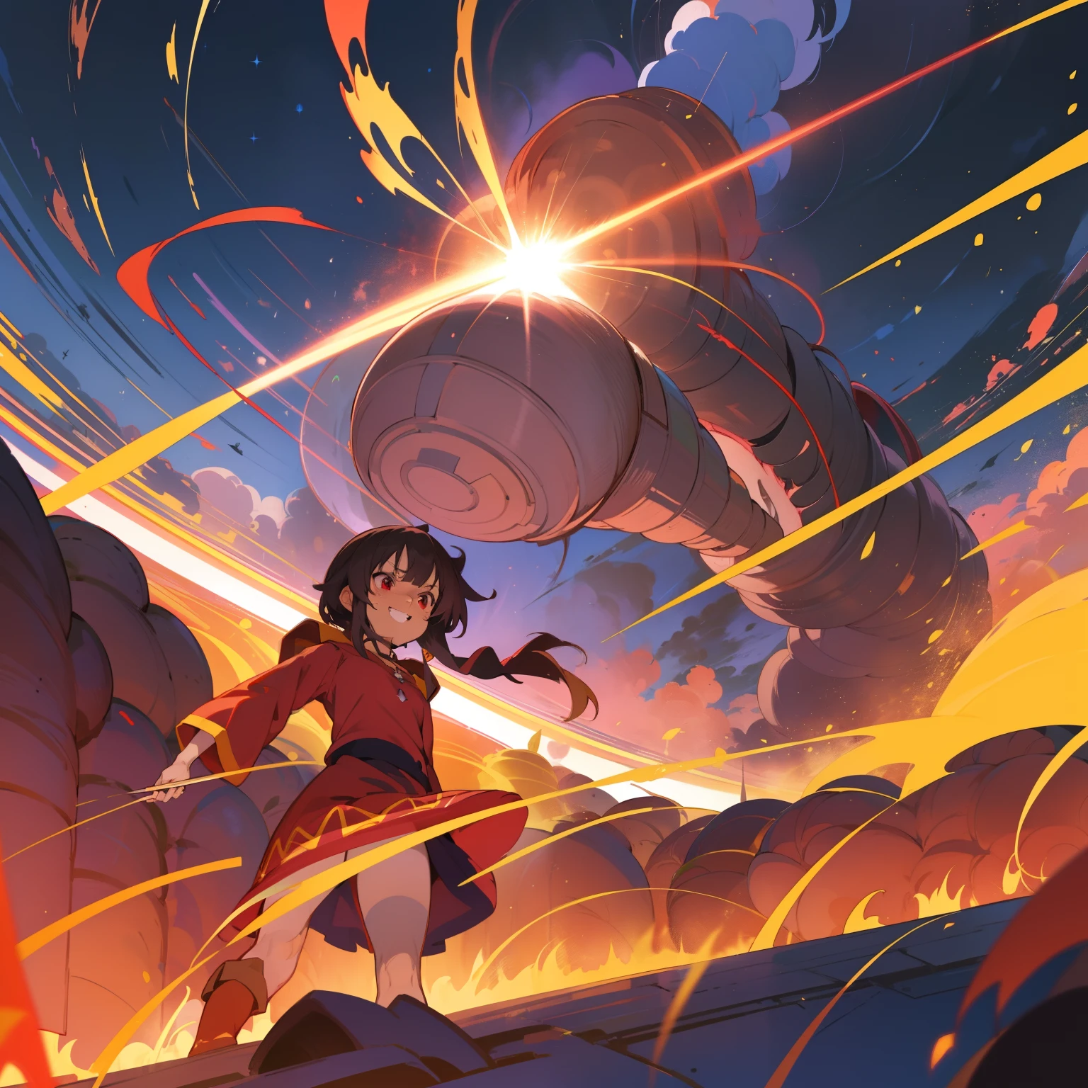 highly detailed, masterpiece, anime style, megumin from konosuba casting massive magical explosion, big happy grin