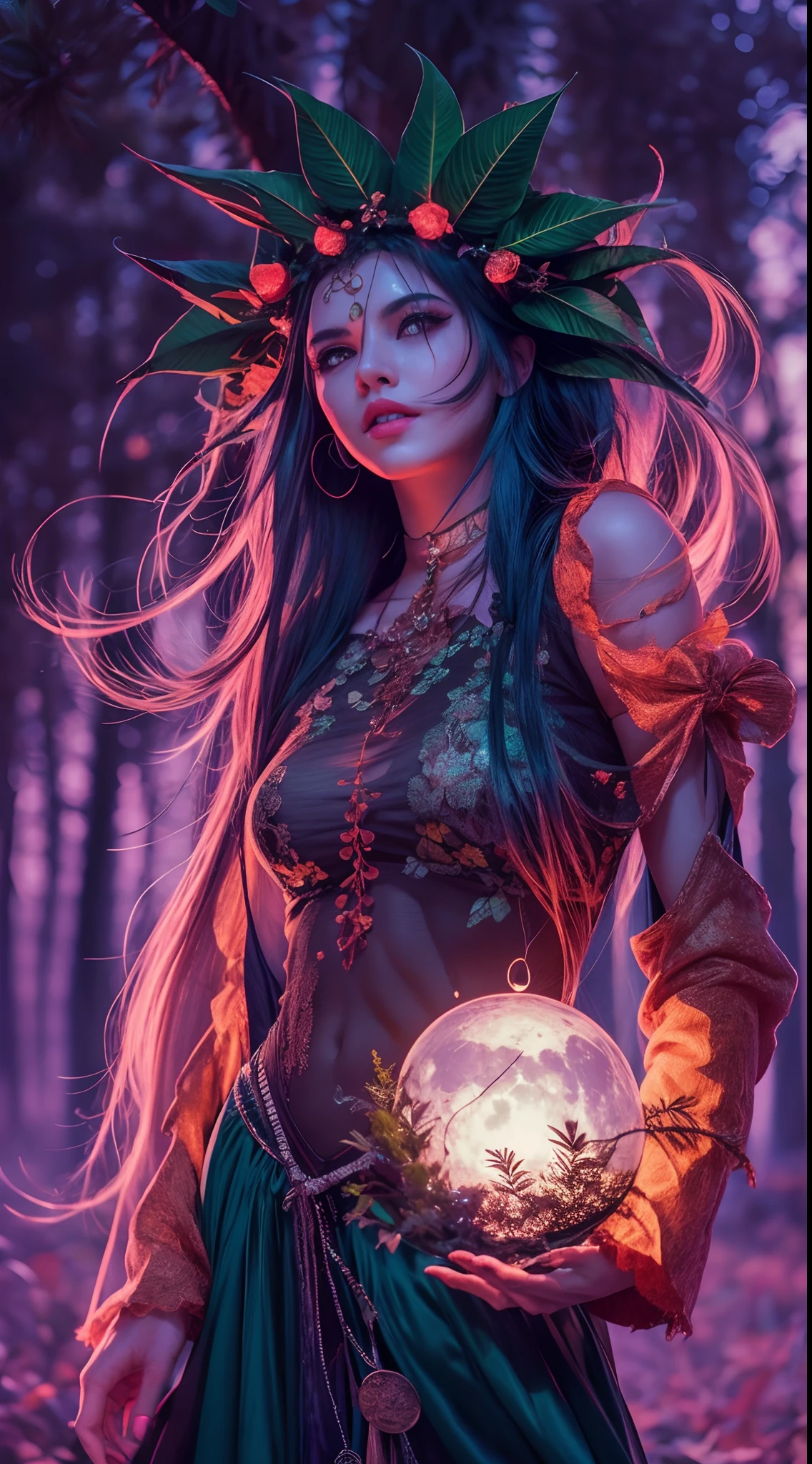 1 beautiful witch girl, Ethereal Beauty, witch has, Long floating coat, mini skirt, beautiful body, seductive body, Beautiful face, detailed face, blue eyes, long hair, evening,Moonlight, full moon, Casting fire magic, Fire magic around you, forest, Forest plants with neon details, DarkFantasy, Holding a neon potion, High contrast, Arte 4K,