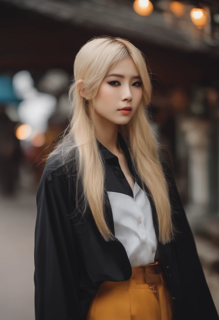 A woman with long blonde hair wearing a black jacket and yellow pants -  SeaArt AI