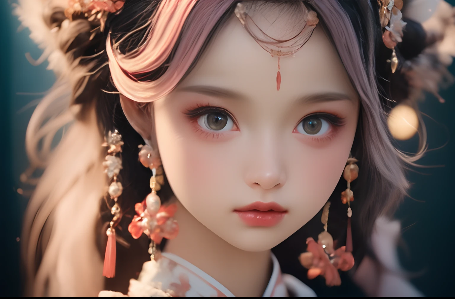 1girl in, (ulzzang-6500:0.7), Kpop Idol, Yae Miko, bikini of, Detached sleeves, Bare shoulders, Pink hair, Long hair, bikini of, Best Quality, (Painting:1.5), (Hair Ornament:1.35), Jewelry, Purple eyes, earrings, breasts, torii, cherryblossom, Lantern light, depth of fields, Detailed face, Face Focus, bow ribbon_trim, (Looking at Viewer:1.25), nontraditional miko, Shiny skin, Long sleeves, Smile, thick lips, Game CG, Hands on lips, East Asian Architecture, (Blurry background:1.2), Sitting, Upper body, bikini of