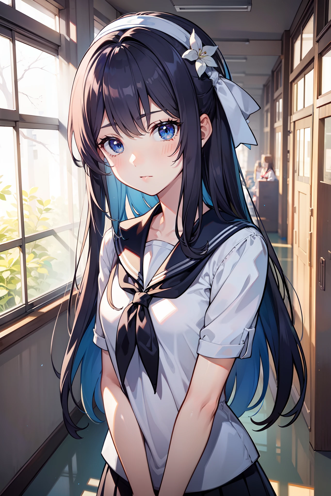 tmasterpiece，best qualtiy，tmasterpiece，best qualtiy，offcial art，the Extremely Detailed CG Unity 8K Wallpapers，traditional_Mediums，Kizi，，black hair band，long whitr hair，whaite hair，eBlue eyes，Small breasts，，Expressionless，,low-tied long hair,straight on,Pupil of the slit,serafuku,school hallway