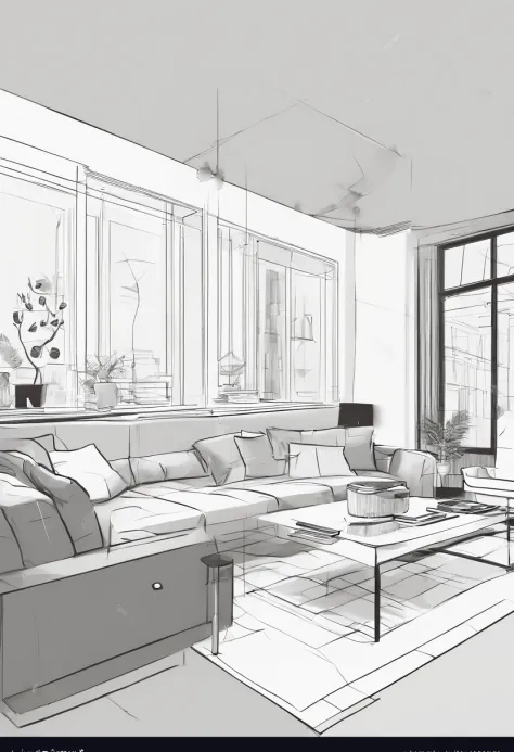 Small living room、Correct perspective、line-drawing、outlines、Medium omission、unmanned