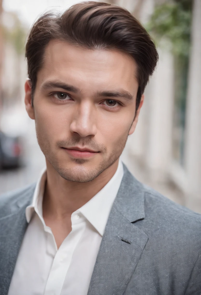 Portrait of handsome man 30 years old round face cinematic appearance、White shirt and jacket、Looking straight ahead at the camera