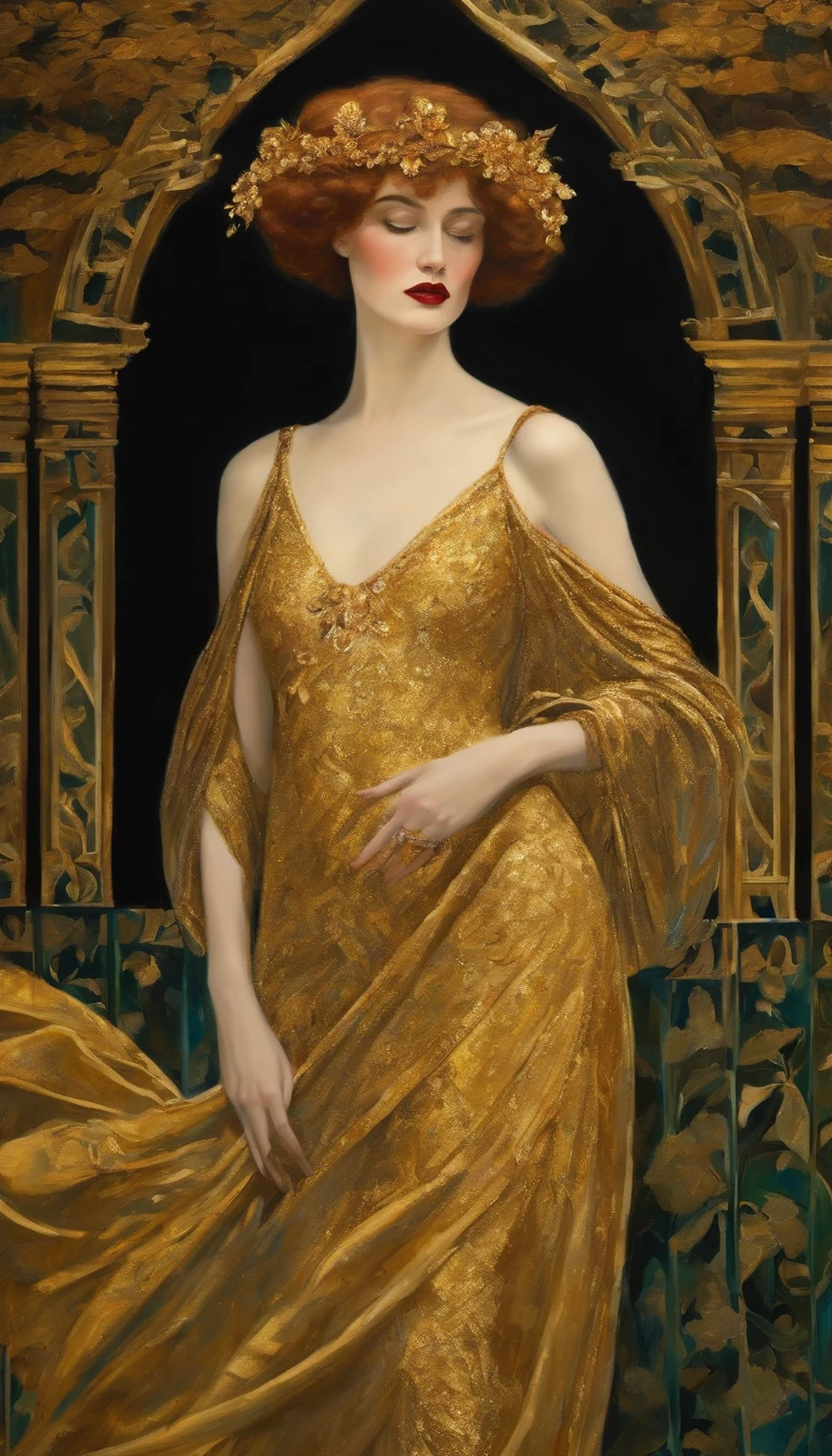 A painting of a woman in a gold dress standing in front of a doorway ...