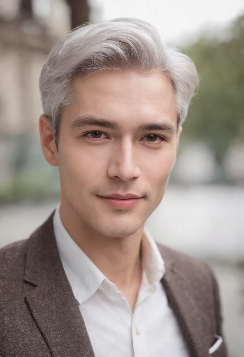 Portrait of handsome man 30 years old round face cinematic appearance、Silver hair、Brown jacket、White button-down shirt、kindly smile、Photography, Male perfection,  Black eyes, Hyper realistic, 8K - V 4、50-year-old dandy gentleman、Gentle eyes、Gray hair、Looking straight ahead at the camera、Genial look