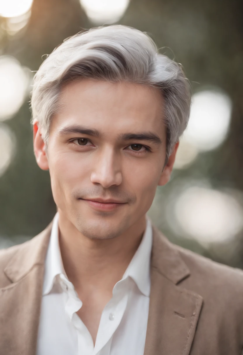 Portrait of handsome man 30 years old round face cinematic appearance、Silver hair、Brown jacket、White button-down shirt、kindly smile、Photography, Male perfection,  Black eyes, Hyper realistic, 8K - V 4、50-year-old dandy gentleman、Gentle eyes、Gray hair、Looking straight ahead at the camera、Gentle expression