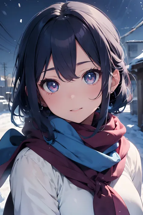 (masterpiece), best quality, expressive eyes, perfect face, blue hair, pink eyes, scarf, wind, snowing