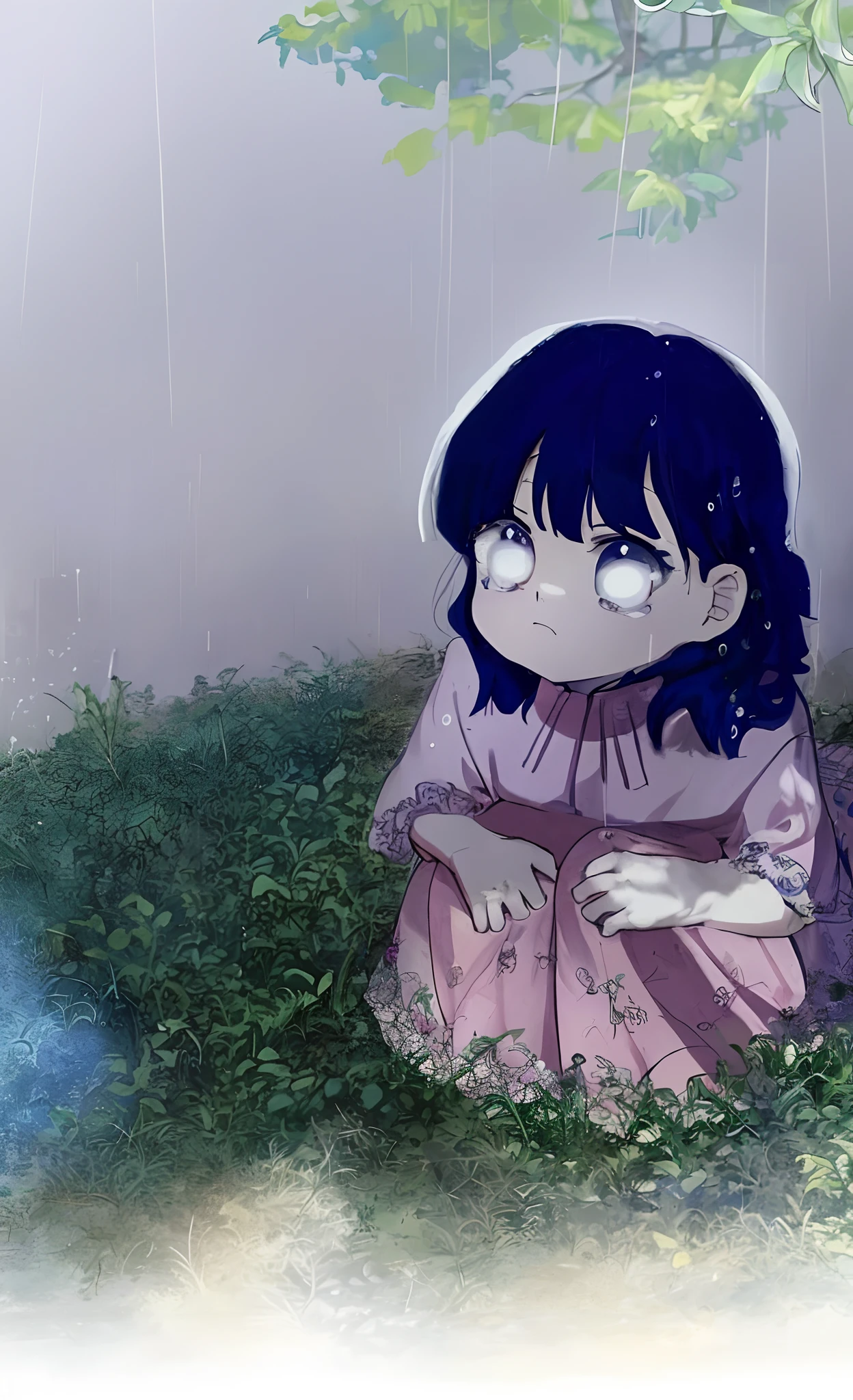 Anime girl sitting under a tree in the rain - SeaArt AI