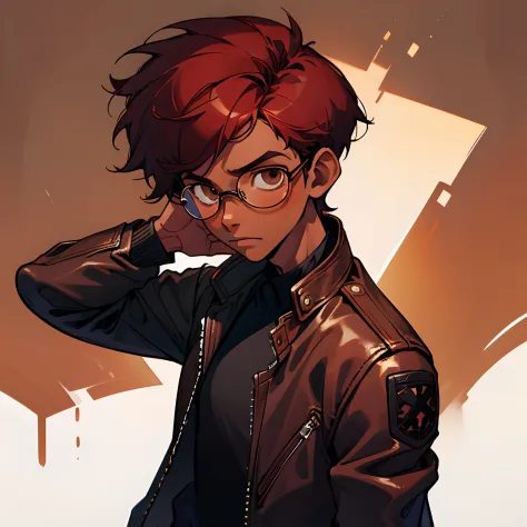 (1 boy), (solo), (Young male), ((dark skin)), slim body, round glasses, messy dark red hair, short hair, black shirt, leather jacket, brown eyes, ((high quality)), ((very detailed))