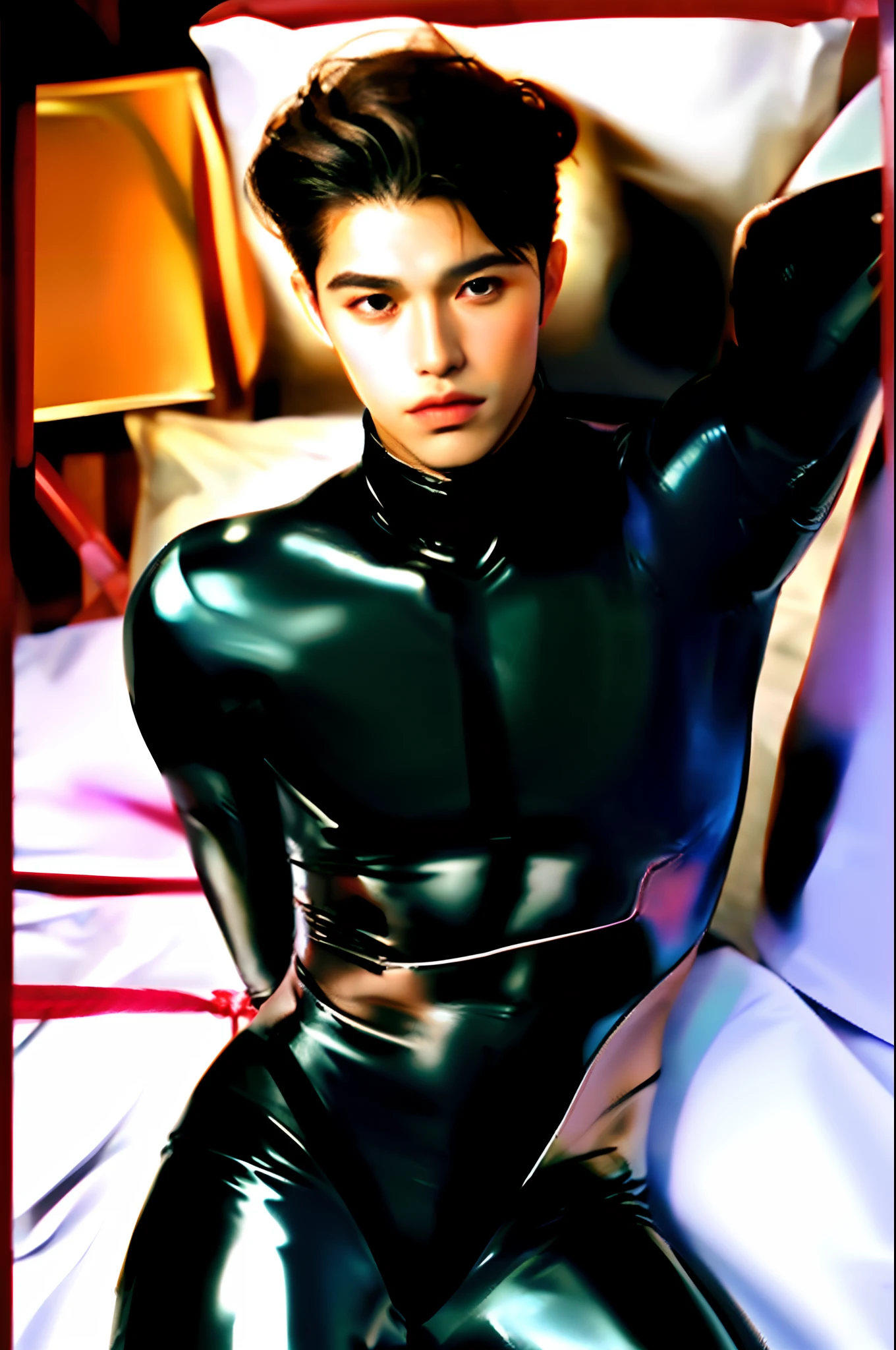 Arafed male in a latex suit sitting on a bed - SeaArt AI