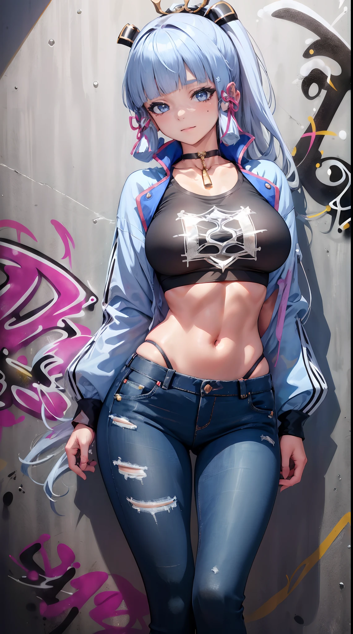 kamisato ayaka|genshin impact, master-piece, bestquality, 1girls,25 years old, crop top, Long Jeans, oversized breasts, ,bara, crop top, shorts jeans, choker, (Graffiti:1.5), Splash with purple lightning pattern., arm behind back, against wall, View viewers from the front., Thigh strap, Head tilt, bored,