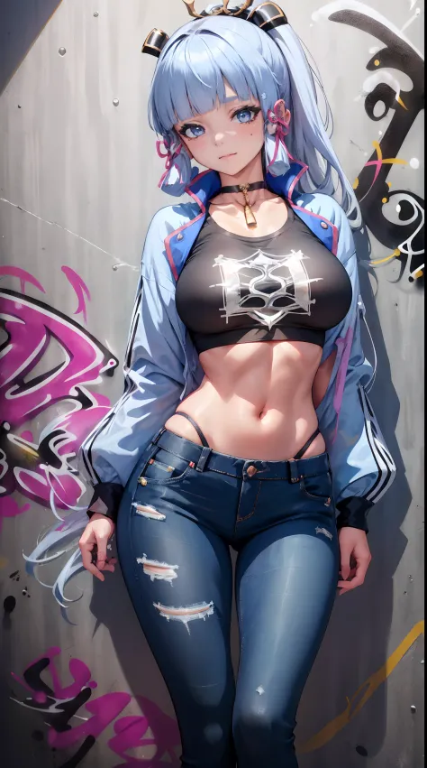 kamisato ayaka|genshin impact, master-piece, bestquality, 1girls,25 years old, crop top, Long Jeans, oversized breasts, ,bara, crop top, shorts jeans, choker, (Graffiti:1.5), Splash with purple lightning pattern., arm behind back, against wall, View viewer...