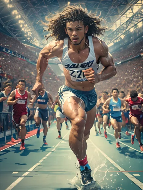 Strong male athlete, Wear high-end sportswear，Long flowing curly hair, Lifelike depiction, Sprint to the finish line，drenched al...