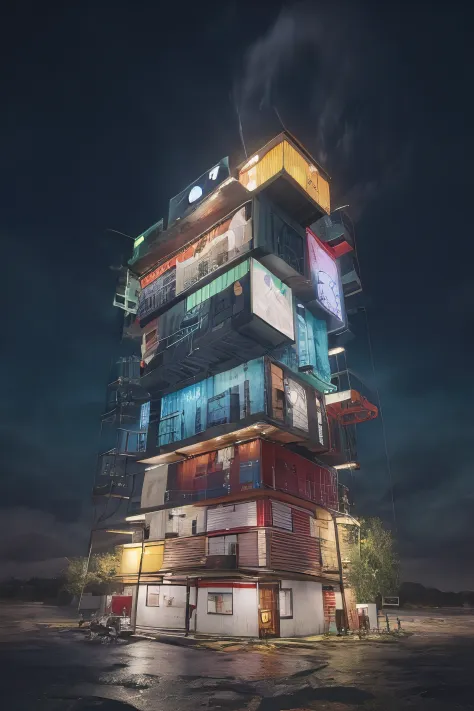 (photo), (best quality), (rainbows:1.2), multicolored Container_building, wasteland in a fantasy world, surreal, rainbow and grey skies, purple ground, blue vegetation, red orbs, night, (cosmic sky), post-apocalyptic world, (tower:1.5), detailed, high reso...