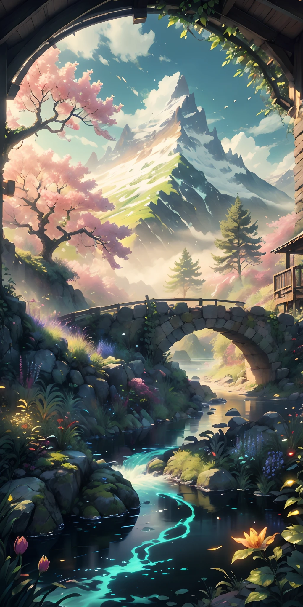 the exquisite beauty of nature:1.1, realistic, professional, vivid colors, soft lighting, landscapes, detailed trees, colorful flowers, flowing river, majestic mountains, gentle breeze, clear blue sky, sunlight filtering through the leaves, vibrant hues, natural serenity, lush greenery, realistic textures
