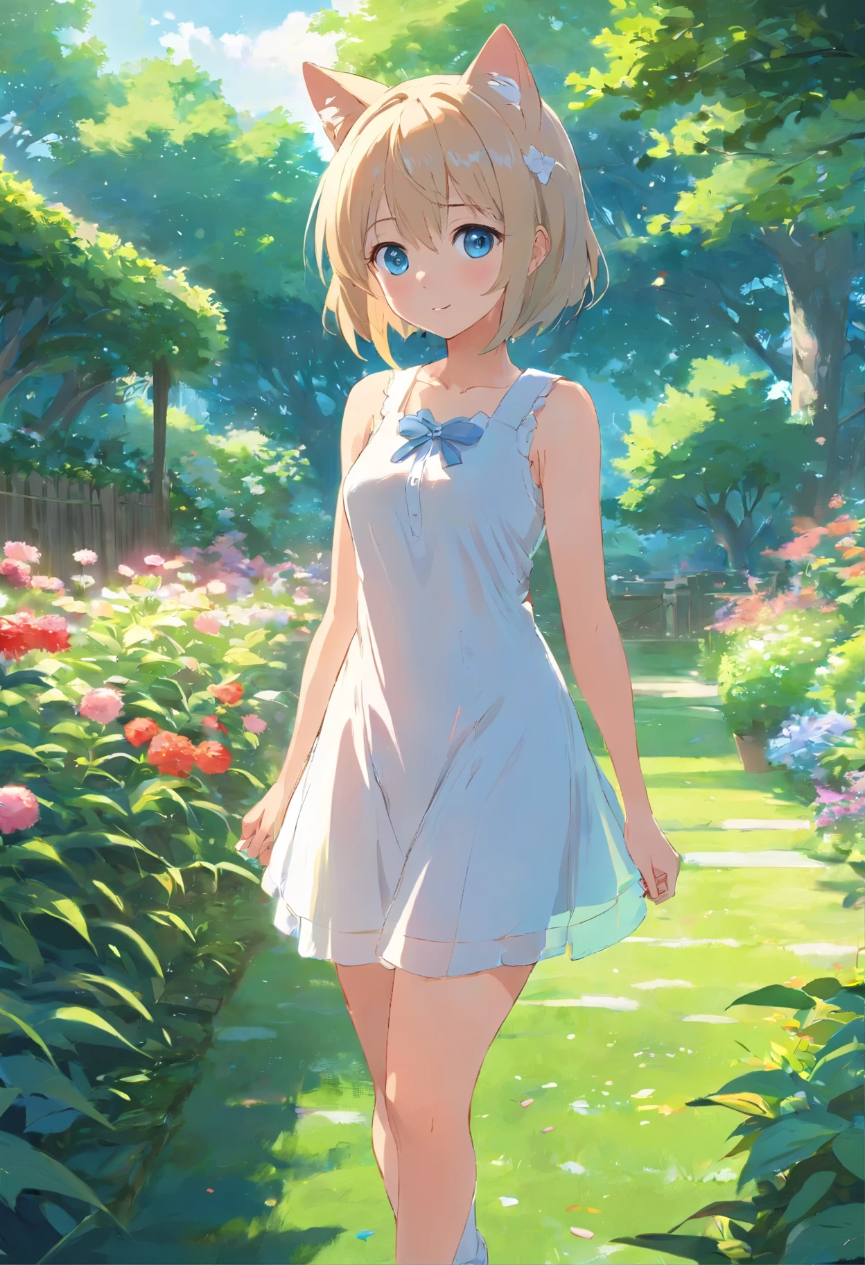 Cat-eared girl in white dress standing in garden, BREAK，silber hair，e Blue Eyes，(((Sleeveless)))，Hang the laundry out to dry，loli in dress, small curvy loli, Guviz-style artwork, Guweiz in Pixiv ArtStation,  Guviz, small loli girl, soft anime illustration, Anime visuals of cute girls, Detailed Digital ，Heteropupil