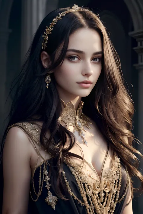 (Best quality, 4K, 8K, A high resolution, Masterpiece:1.2), Ultra-detailed, Realistic portrait of the upper body of an 16 year old aristocratic girl, Exquisite facial features，Clear and shiny eyes，Long curly hair details expressed, The posture is leisurely...