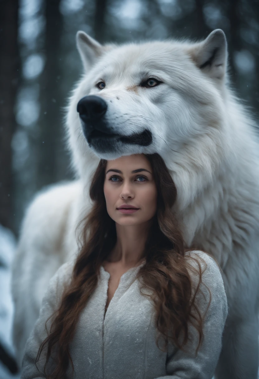 A woman with long hair and a white wolf on her head - SeaArt AI