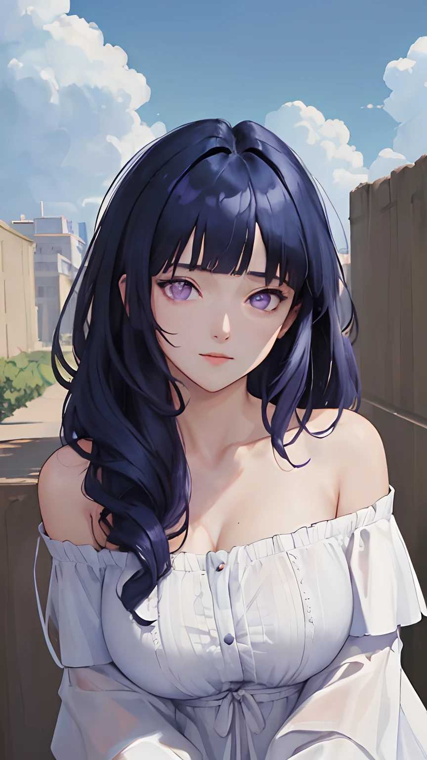 (masterpiece, best quality:1.4), looking at viewer, (on_front:1.2), bright sky,
(Curly hair:0.8), dark blue hair, cloudy sky, sunlight, upper_body, off shoulder, summer, day,Blunt Bangs, purple eyes