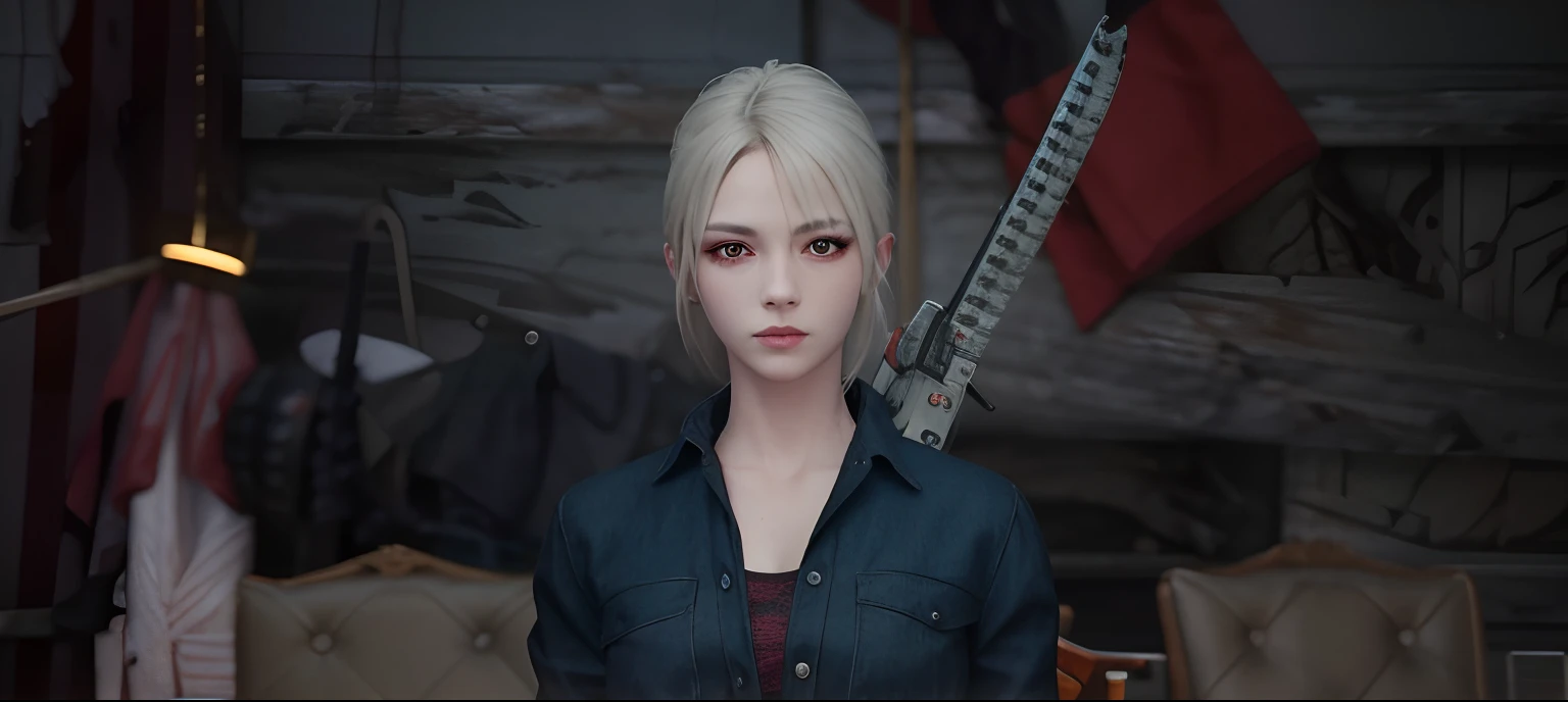 there is a woman with a chainsaw in a room, close up character, female character, highly detailed character, character close up, female lead character, character close-up, realistic anime 3 d style, realistic artstyle, render of april, ornate korean polearm behind her, [ 4 k photorealism ]!!, 8 k character details, hyper realistic style