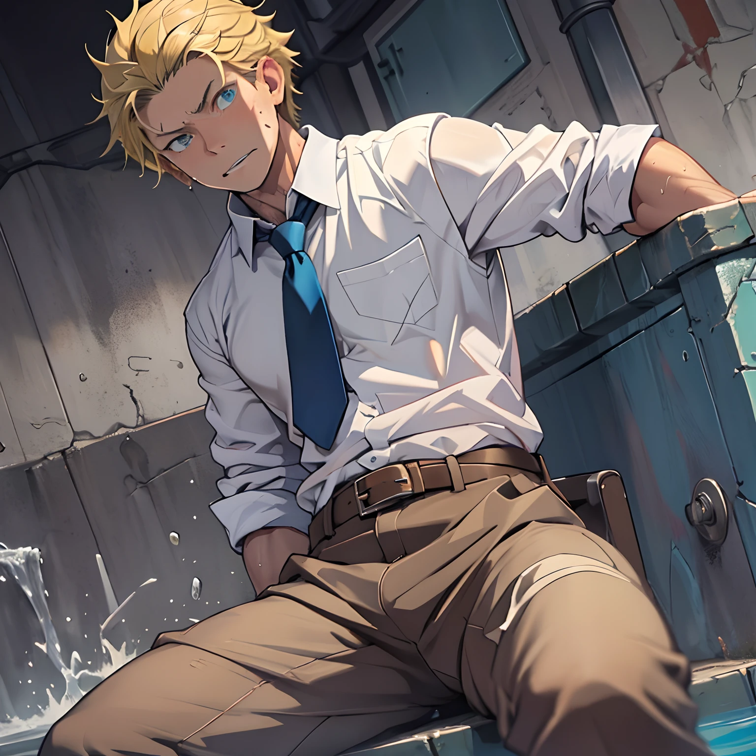 （1 Adult male），A high resolution， Sharp focus， Pixiv masterpiece， （（Complicated details））， highly  detailed， natsuki_subaru， 1 man，perfect male figure，Urine on the trouser leg， Nervously bow your head，is shy，embarressed，exhilarated，is shocked，panicking，worry，A pool of urine formed around him，Very eager to pee，Unbearable，Wet yourself，Urine discharge，full bodyesbian，sit astride，Tired，decadent， blue color eyes（eyes glowing）， Short yellow hair，white  shirt，Wear a tie，Wear a belt，trousers，perspire，Drenched，Get wet，pissing，urine flows down the pants，look from down