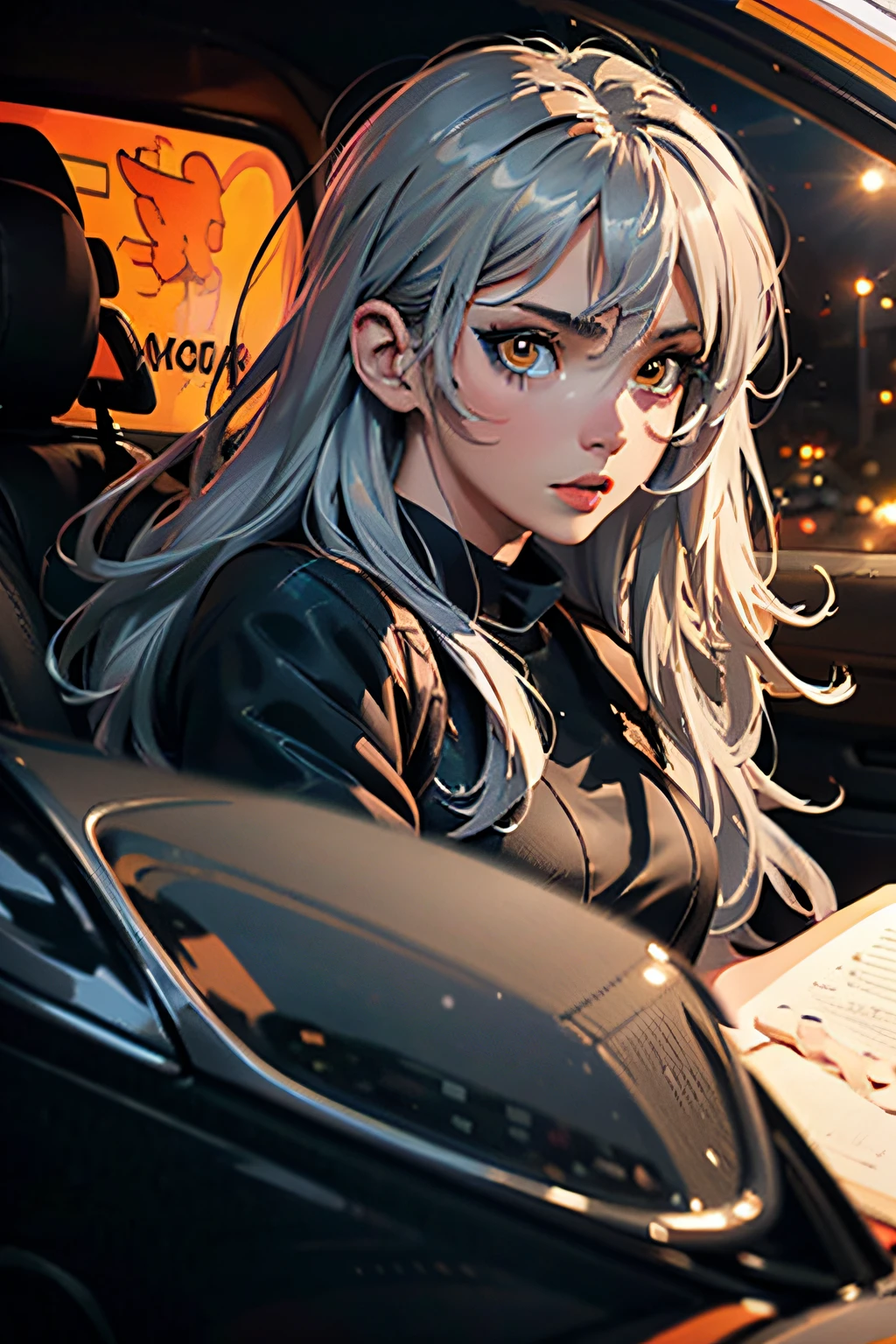 Anime character driving a car, brown skin, long silver hair, masterpiece, best quality, detailed skin, detailed eyes, orange eyes,8k, good shading, beautiful strokes, detailed background, good anatomy