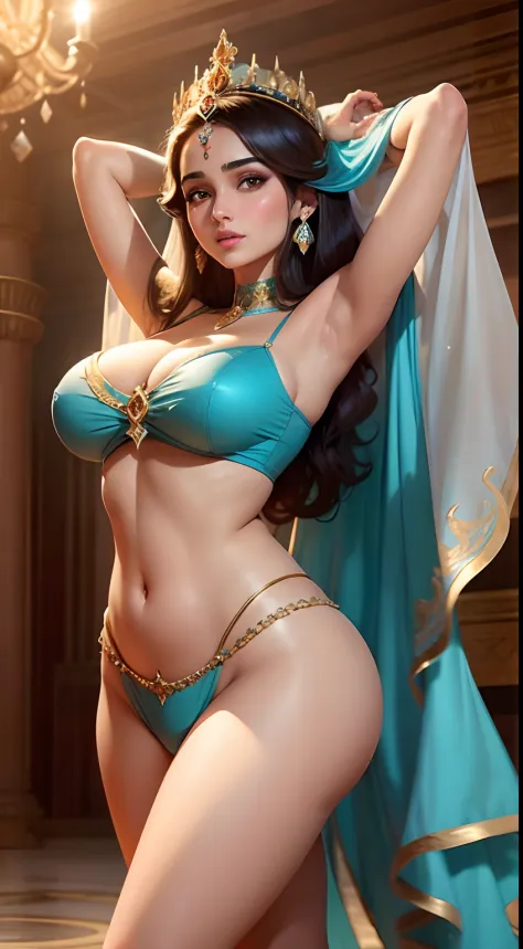 Manushi Chillar as Disney princess Jasmine, plump body structure, standing in the royal bedroom, in Agrabah palace, large breasts, wearing a  submerged in bubbles, best quality, expressive eyes, perfect face,