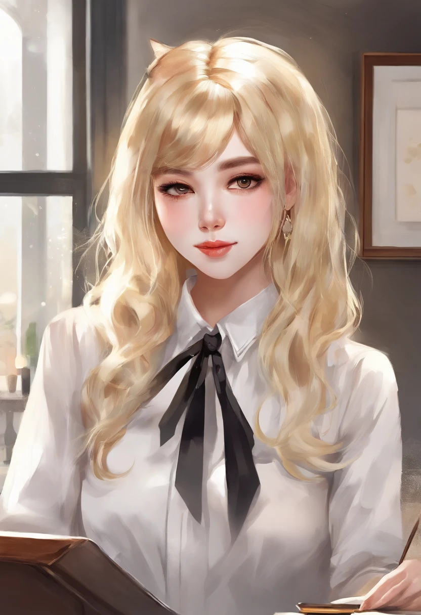 nsfw, masterpiece, (best quality:1.2), (sharp focus:1.2),, 1 girl, slim girl,, (blonde|light_yellow hair), cat ears,, detailed face, young|cute face, blush, evil smile,, natural breasts, thin arms,, white collared shirt with black tie, black choker,, in a modern office, indoor