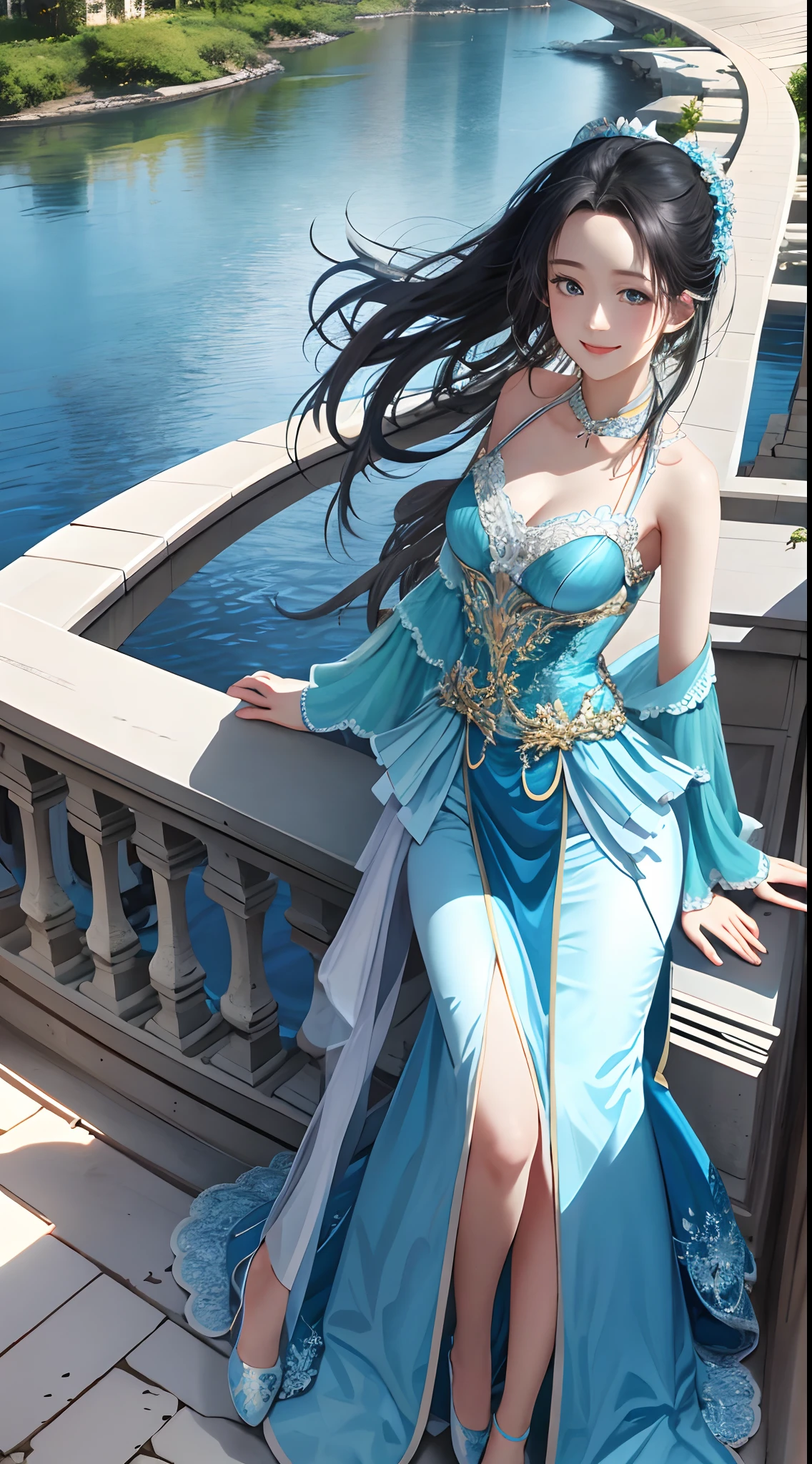 傑作， 最好的品質， 1 名女孩，Liu Yifei， 水藍色的眼睛， 中長頭髮， 藍色禮服配白色蕾絲， 中等乳房， 腮紅腮紅， 淡淡的微笑，