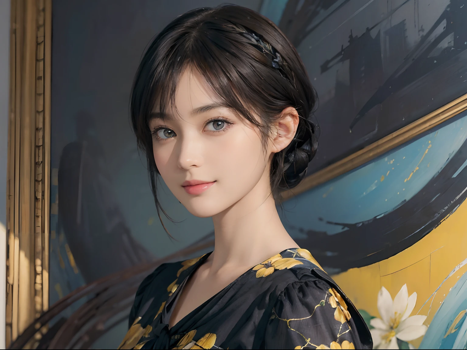 (((Black Shorthair))), (Louvre Museum), Pose Seductive, (A hyper-realistic), (Illustration), (Increased resolution), (8KUHD), (Extremely detailed), (Best Illustration), (Beautiful and detailed eyes), (Best Quality), (ultra-detailliert), (masutepiece ), ( Wallpaper), (Detailed face), Solo, (One woman dressed in blue and yellow), (Floral clothing),  (Breast bulge), Fine details, Detailed face, Deep Shadows, lowkey, pureerosfaceace_v1, Smiling,  46 point slanted bangs,  (Stand in front of an abstract painting)