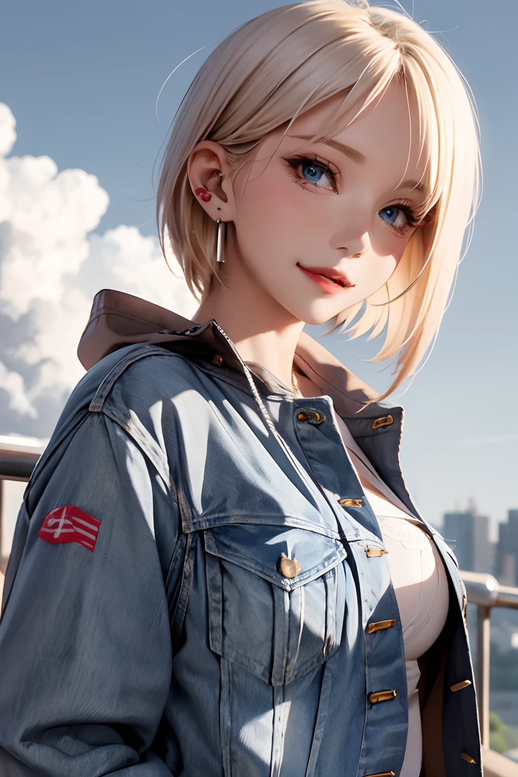 1girl in, 独奏, android 18, Blonde hair, Blue eyes, Short hair, Jewelry, earrings, Smile, Jacket, Looking to the side, denim, Denim jacket, Upper body, lingerie, Closed mouth, cloud, skyporn, day, Looking away, Blue sky, clavicle,