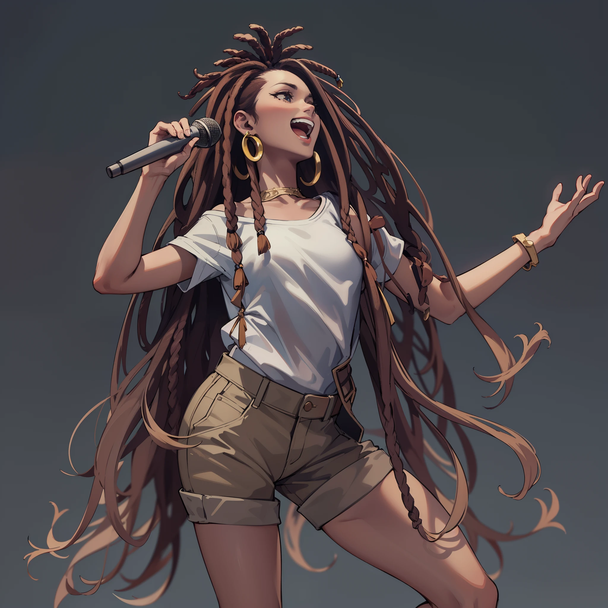 low angle,full body shot,medium shot,BRAKE concert:1.5,action:1.5,one off shoulder shirt:1.5,shortpants:1.5,Blowing in the wind:1.6,A smile,(dreadlocks:1.3),BRAKE Singing:1.5,Hold the microphone:1.6,Sing a song:1.7,dynamic pose,swet:1.3,BRAKE 4K, (Raw photo: 1.2), (Realism: 1.4), (masutepiece: 1.3), (exquisite detailing: 1.2), Delicate and beautiful details, (Eye Detail), (Facial Detailed), (Highest Quality:1.4),  (very detailed illustration),  Best Quality, Super Resolution,Wide light, natural shadows