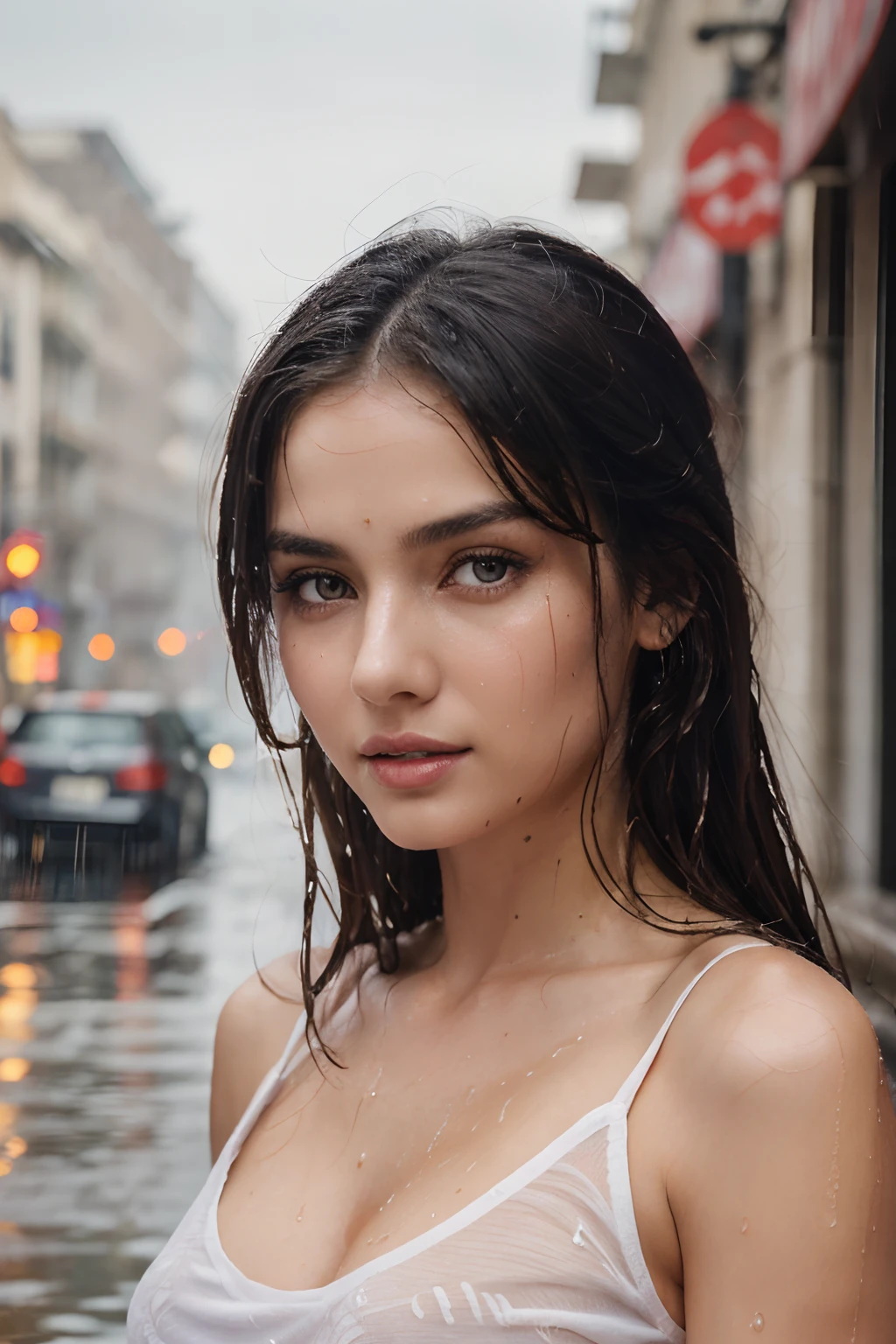 qualidade máxima, obra-prima, 超Uma alta resolução, Fotorrealístico, Fotos RAW, ((uma linda mulher)), 22 anos, rosto detalhado, lindos olhos, profundidade de campos, a rua da cidade, molhado na chuva, Camiseta branca com decote em V, Camiseta molhada e transparente, , Lábios fracos, molhar o cabelo, um corpo molhado, gota de água na pele, (Veja os olhos do espectador)