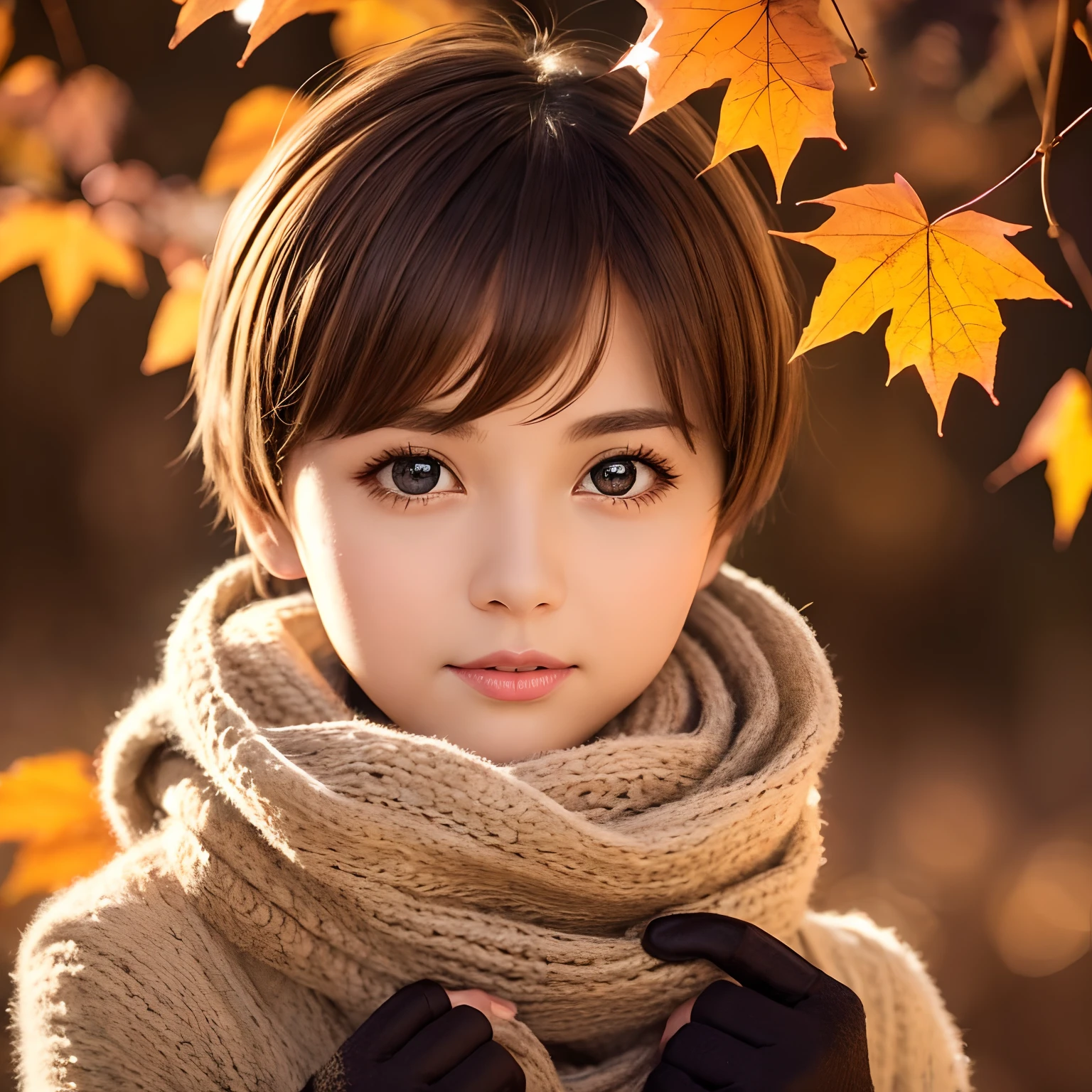 la plus belle image, portrait, Fille très mignonne, coupe pixie brun clair brillant, de grands yeux pétillants, foulard, gants, pull moelleux, fond de feuilles mortes et châtaignes recouvertes de feuilles d'automne, Éclairage professionnel