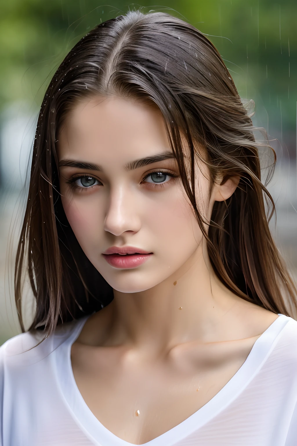 top-quality, ​masterpiece, 超A high resolution, Photorealsitic, Raw foto, ((one beautiful women)), 22year old, Detailed face, beautidful eyes, depth of fields, the city street, Wet in the rain, White T-shirt with V-neck, Wet and see-through t-shirt, small tits, Faint lips, wetting hair, a wet body, water drop on the skin, (See the viewer's eyes)