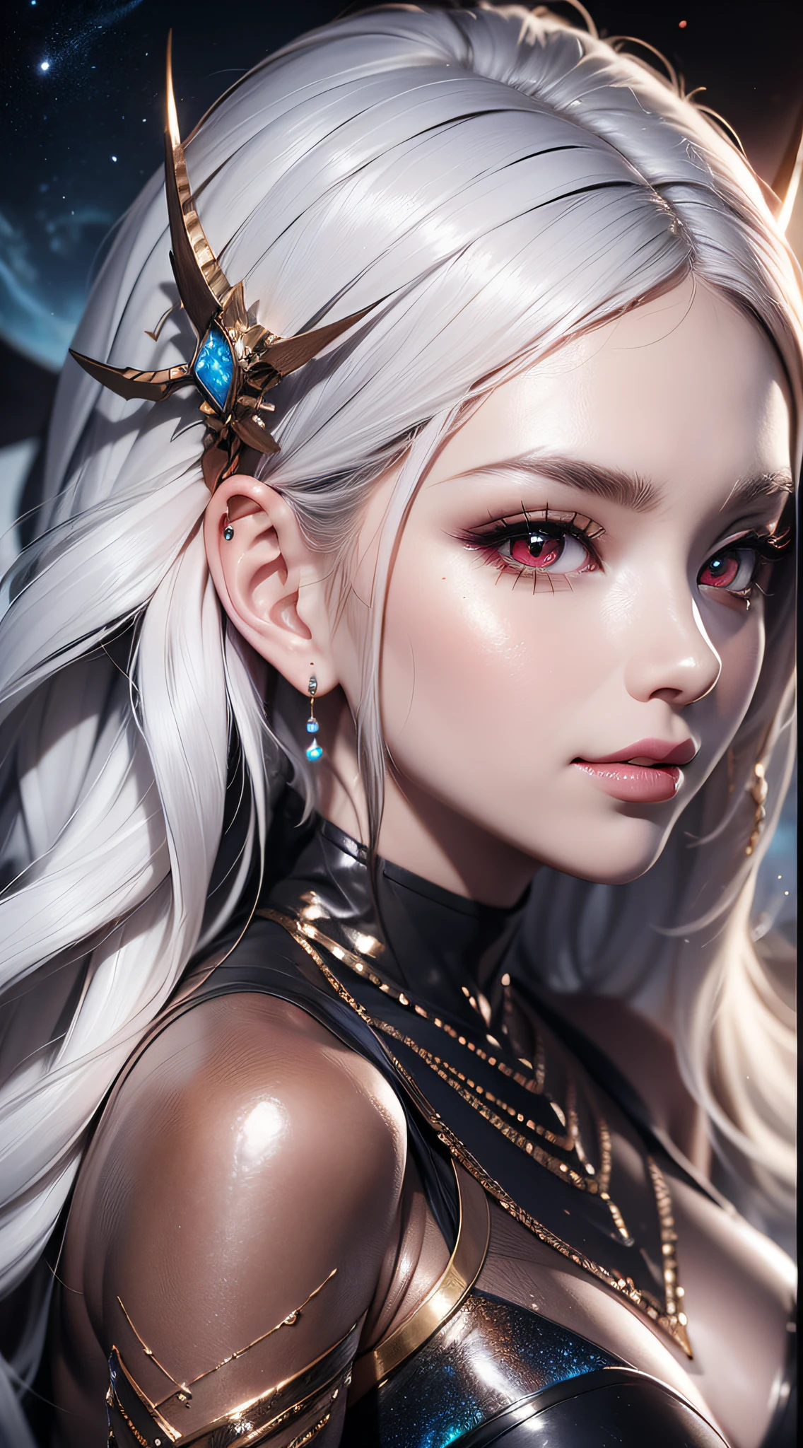 (simple hands:0.5)+(detailed hands:0.7), (masterwork), (best quality), white hair, dragon eyes,1girl, pale skin, white hair, red eyes, two tone hair, eyelashes, bracelet, jewelry, smile, gleaming skin, shiny hair, detailed and majestic stage, Fantasy, Long Hair, 1 girl, two-tone hair, night sky, Incredibly detailed CG illustration masterpiece, looking at you, anime, beautiful anime eyes, beautiful detailed eyes, eyes, glittering eyes, red eyes, galaxy, nebula, (full body), (curvy),