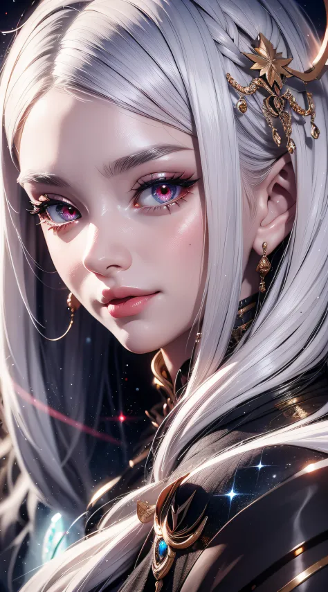 (simple hands:0.5)+(detailed hands:0.7), (masterwork), (best quality), white hair, dragon eyes,1girl, pale skin, white hair, red eyes, two tone hair, eyelashes, bracelet, jewelry, smile, gleaming skin, shiny hair, detailed and majestic stage, Fantasy, Long...