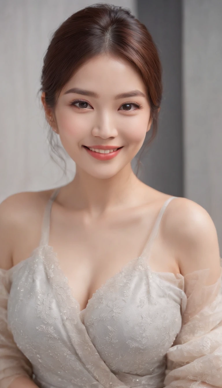 (Photo: 1.3) af (Realistic: 1.3), Asian female, Soft light, Clear face, cheerfulness, cheerful big breasts, Smiling, Warm light, ((Off-white gradient background)), (Background)). ((Gray wall background)) , (long or short hair), Smile, Handsome, Middle-aged woman,, Short hair, Smile,(Medium close-up）Skirt that wraps hips